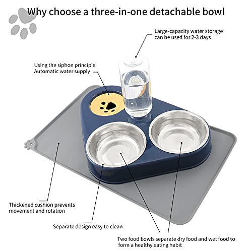 GaoFan Triple Dog Cat Bowls Set, Two Detachable Stainless Steel Bowls, with Automatic Water Dispenser Plus No Spill Non Skid Waterproof Silicon Mat for Small Medium Size Dog Cat