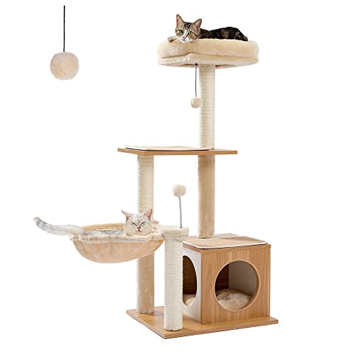 PEQULTI Cat Tree Modern Cat Tower for Indoor Cats,Multilevel Cat Play House with Large Condo, Spacious Hammock, Cozy Top Perch,Scratching Post and Dangling Balls