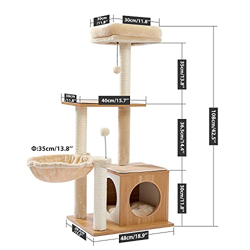 PEQULTI Cat Tree Modern Cat Tower for Indoor Cats,Multilevel Cat Play House with Large Condo, Spacious Hammock, Cozy Top Perch,Scratching Post and Dangling Balls