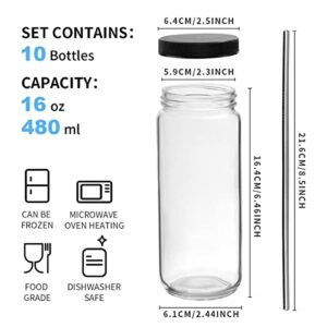 Ruckae 16oz 10 Pack Juice Bottles, Glass Bottles Juicing Bottles with Lids, Smoothie Cup with Lids and Straws, Glass Water Bottle Mason Jar Drinking Glasses for Juicing, Smoothies, Kombucha