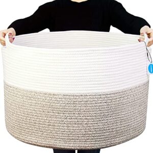 casaphoria xxxlarge cotton rope basket for living room - woven storage basket with handle for blankets, towels and pillows laundry hamper | white and brown (22" x 22" x 14")