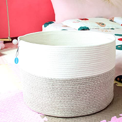 Casaphoria XXXLarge Cotton Rope Basket for Living Room - Woven Storage Basket with Handle for Blankets, Towels and Pillows Laundry Hamper | White and Brown (22" x 22" x 14")