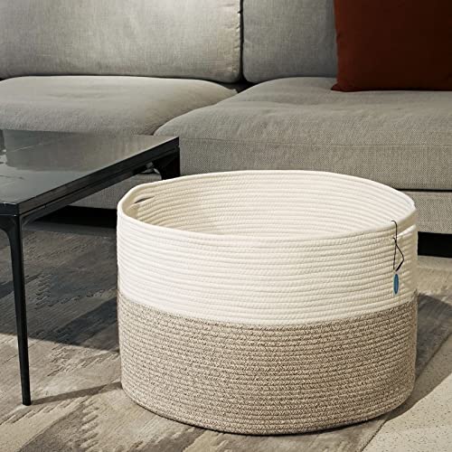 Casaphoria XXXLarge Cotton Rope Basket for Living Room - Woven Storage Basket with Handle for Blankets, Towels and Pillows Laundry Hamper | White and Brown (22" x 22" x 14")