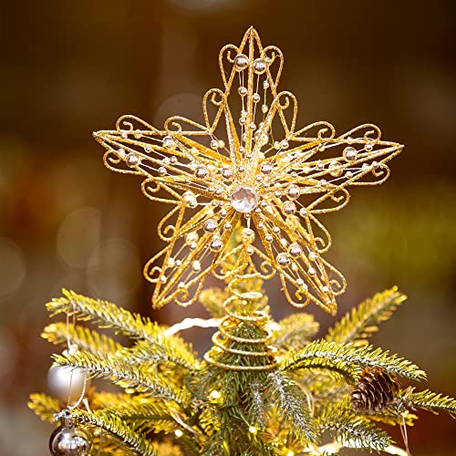 Suixing Christmas Tree Topper 8in Wire Five-Pointed Star Treetop Party Supplies Xmas Decor Home Hotel Office Gold