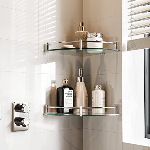 WAKLOND Bathroom Shelves, 2-Tier Glass Corner Shelf Wall Mounted ,Corner Shower Shelf Tempered Glass Shelf for Storing Seasoning Bottle/Brush/Shower Gel/Soap/Shampoo (Silver - 2PCS)