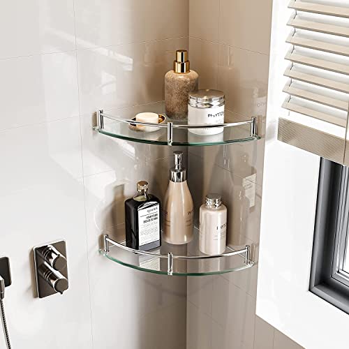 WAKLOND Bathroom Shelves, 2-Tier Glass Corner Shelf Wall Mounted ,Corner Shower Shelf Tempered Glass Shelf for Storing Seasoning Bottle/Brush/Shower Gel/Soap/Shampoo (Silver - 2PCS)