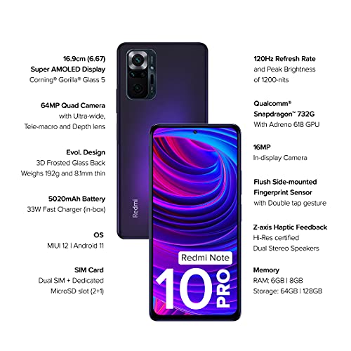 redmi Xiaomi Note 10 Pro 4G Volte 128GB + 6GB Factory Unlocked 6.67" 64MP Quad Camera Night Mode (not Verizon Sprint Boost Cricket) (w/Fast Car Charger Bundle) (Dark Nebula)