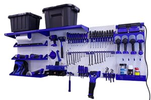omniwall weekend warrior ultimate tool kit-96" x 32" metal pegboard wall storage system white/blue