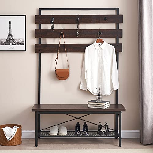 FELLYTN Small Hall Tree with Shoes Storage, Wood and Metal Coat Rack with Shoe Bench, Storage Shelf Organizer Accent Furniture with Metal Frame, Espresso 31.5x71 Inch