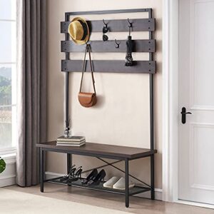 FELLYTN Small Hall Tree with Shoes Storage, Wood and Metal Coat Rack with Shoe Bench, Storage Shelf Organizer Accent Furniture with Metal Frame, Espresso 31.5x71 Inch