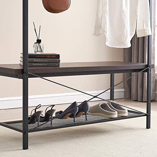 FELLYTN Small Hall Tree with Shoes Storage, Wood and Metal Coat Rack with Shoe Bench, Storage Shelf Organizer Accent Furniture with Metal Frame, Espresso 31.5x71 Inch