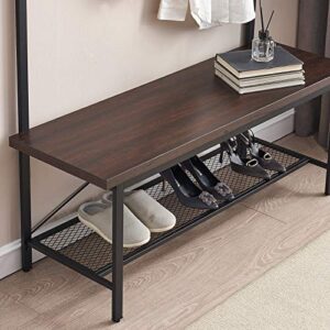 FELLYTN Small Hall Tree with Shoes Storage, Wood and Metal Coat Rack with Shoe Bench, Storage Shelf Organizer Accent Furniture with Metal Frame, Espresso 31.5x71 Inch