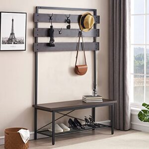 FELLYTN Small Hall Tree with Shoes Storage, Wood and Metal Coat Rack with Shoe Bench, Storage Shelf Organizer Accent Furniture with Metal Frame, Espresso 31.5x71 Inch