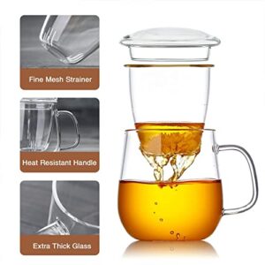 DOPUDO PAVILION Glass Tea Cup with Infuser and Lid, 17.6oz/ 520ml Borosilicate Glass Large Tea Mug with Infuser, Clear Teacup for Loose Leaf Tea, Blooming Tea, Tea Bag