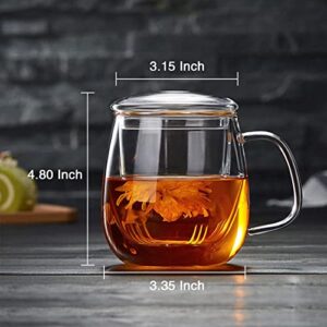 DOPUDO PAVILION Glass Tea Cup with Infuser and Lid, 17.6oz/ 520ml Borosilicate Glass Large Tea Mug with Infuser, Clear Teacup for Loose Leaf Tea, Blooming Tea, Tea Bag