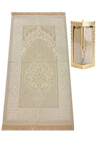 Muslim Prayer Rug and Prayer Beads with Elegant Gift Box | Janamaz | Sajadah | Soft Islamic Prayer Rug | Islamic Gifts Set | Prayer Carpet Mat, Taffeta Fabric, Cream