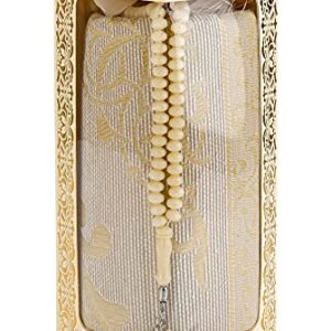 Muslim Prayer Rug and Prayer Beads with Elegant Gift Box | Janamaz | Sajadah | Soft Islamic Prayer Rug | Islamic Gifts Set | Prayer Carpet Mat, Taffeta Fabric, Cream