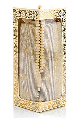 Muslim Prayer Rug and Prayer Beads with Elegant Gift Box | Janamaz | Sajadah | Soft Islamic Prayer Rug | Islamic Gifts Set | Prayer Carpet Mat, Taffeta Fabric, Cream