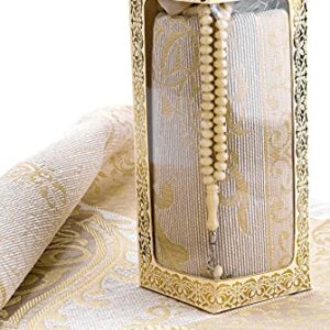 Muslim Prayer Rug and Prayer Beads with Elegant Gift Box | Janamaz | Sajadah | Soft Islamic Prayer Rug | Islamic Gifts Set | Prayer Carpet Mat, Taffeta Fabric, Cream