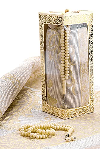 Muslim Prayer Rug and Prayer Beads with Elegant Gift Box | Janamaz | Sajadah | Soft Islamic Prayer Rug | Islamic Gifts Set | Prayer Carpet Mat, Taffeta Fabric, Cream