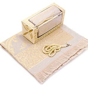 Muslim Prayer Rug and Prayer Beads with Elegant Gift Box | Janamaz | Sajadah | Soft Islamic Prayer Rug | Islamic Gifts Set | Prayer Carpet Mat, Taffeta Fabric, Cream