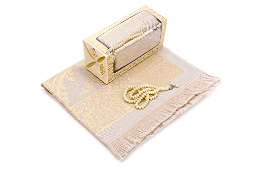 Muslim Prayer Rug and Prayer Beads with Elegant Gift Box | Janamaz | Sajadah | Soft Islamic Prayer Rug | Islamic Gifts Set | Prayer Carpet Mat, Taffeta Fabric, Cream