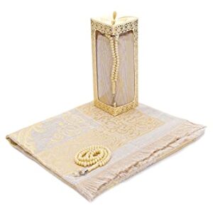 Muslim Prayer Rug and Prayer Beads with Elegant Gift Box | Janamaz | Sajadah | Soft Islamic Prayer Rug | Islamic Gifts Set | Prayer Carpet Mat, Taffeta Fabric, Cream