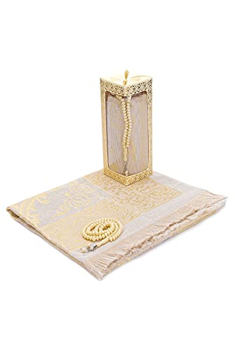 Muslim Prayer Rug and Prayer Beads with Elegant Gift Box | Janamaz | Sajadah | Soft Islamic Prayer Rug | Islamic Gifts Set | Prayer Carpet Mat, Taffeta Fabric, Cream