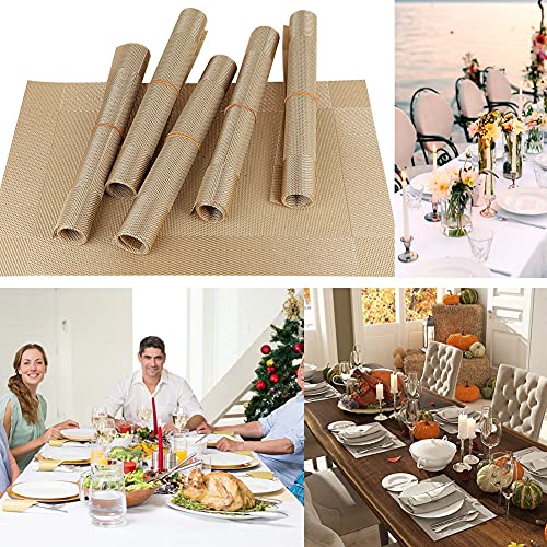 FGSAEOR Placemats Place Mats for Kitchen Dining Table, Heat-Resistant Anti-Skid Stain Washable PVC Table Mats, Easy to Cleaning Woven Vinyl Dinner Mats (Gold, 6 Pack)
