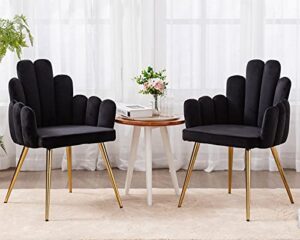 cimota black dining chairs set of 2 velvet upholstered comfy living room chairs modern finger shape back vanity chair with arms for makeup room/bedroom, 2pcs