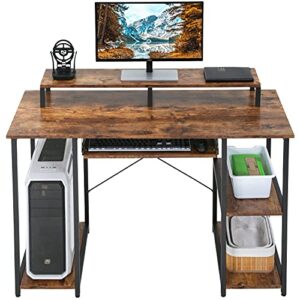 computer desk with storage shelves and keyboard tray, hutch shelf monitor stand, 47 inch studying writing desk, working study table for home office, rustic brown