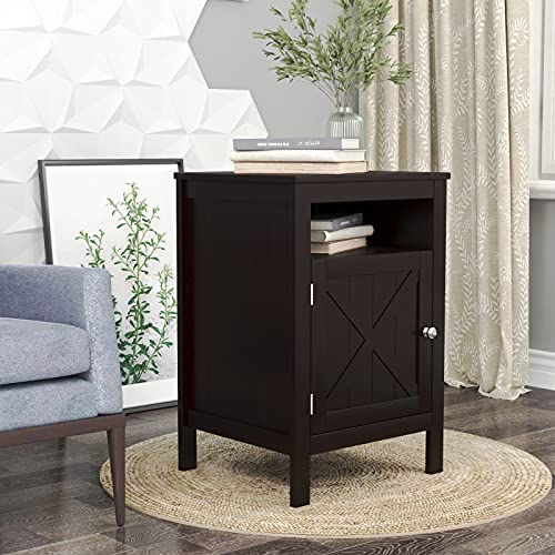 Espresso Finish Nightstand Side End Table with Barn Door Cabinet and Open Shelf 26" H by RAAMZO