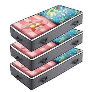 225l large capacity underbed storage containers set of 3 ，with 4 reinforced handle thick fabric for comforters, blankets, bedding，clothing , clear window(dark gray)