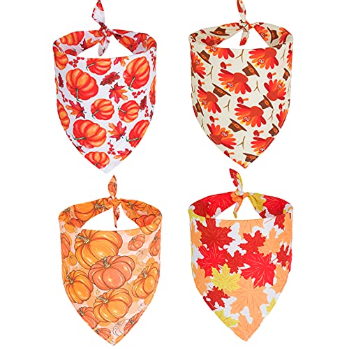 PTDECOR 4 Pack Thanksgiving Dog Bandanas Fall Autumn Dog Puppy Bandana Adjustable Dog Triangle Scarf Turkey Leaf Pumpkin Pattern Dog Thanksgiving Bandanas for Small Medium Dogs Pets