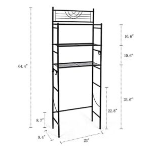 Kimzda 3-Tier Bathroom Over The Toilet Storage Rack Free Standing Metal Frame Shelf Organizer, with 4-Hooks, Black