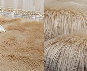 Lifup Soft Fluffy Faux Fur Cover for Chair Couch Sofa Table Floor, Plush Faux Sheepskin Area Rug for Bedroom Living Room Khaki 15.7"x 19.7" 40x50cm