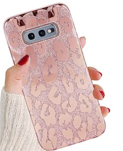 j.west galaxy s10e case 5.8-inch, luxury saprkle bling glitter leopard print design soft metallic slim protective phone cases for women girls tpu silicone cover case for samsung s10e rose gold