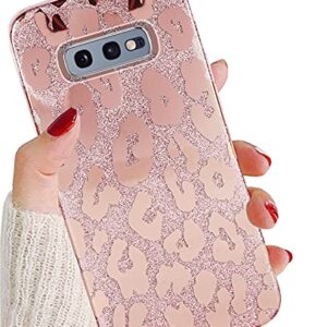 J.west Galaxy S10E Case 5.8-inch, Luxury Saprkle Bling Glitter Leopard Print Design Soft Metallic Slim Protective Phone Cases for Women Girls TPU Silicone Cover Case for Samsung S10e Rose Gold