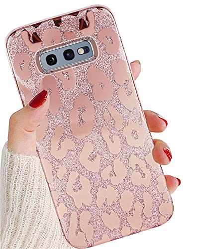 J.west Galaxy S10E Case 5.8-inch, Luxury Saprkle Bling Glitter Leopard Print Design Soft Metallic Slim Protective Phone Cases for Women Girls TPU Silicone Cover Case for Samsung S10e Rose Gold