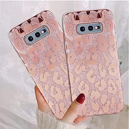 J.west Galaxy S10E Case 5.8-inch, Luxury Saprkle Bling Glitter Leopard Print Design Soft Metallic Slim Protective Phone Cases for Women Girls TPU Silicone Cover Case for Samsung S10e Rose Gold