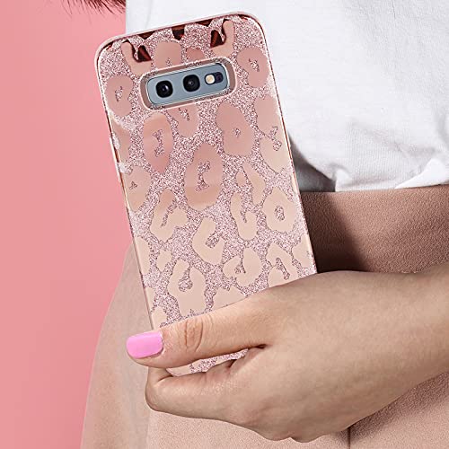 J.west Galaxy S10E Case 5.8-inch, Luxury Saprkle Bling Glitter Leopard Print Design Soft Metallic Slim Protective Phone Cases for Women Girls TPU Silicone Cover Case for Samsung S10e Rose Gold