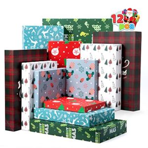joyin 12 pcs christmas paper gift boxes assorted sizes with lids and base, xmas shirt wrap box, holiday present box for birthday party favors decorations wrapping gift-giving, 6 design