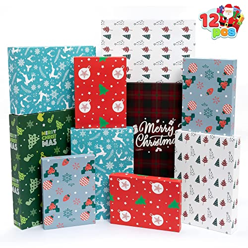 JOYIN 12 Pcs Christmas Paper Gift Boxes Assorted sizes with Lids and Base, Xmas Shirt Wrap Box, Holiday Present Box for Birthday Party Favors Decorations Wrapping Gift-Giving, 6 Design