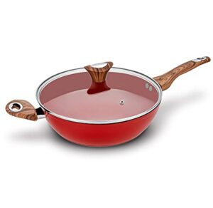 phantom chef 11" deep frypan 5 qt wok | aluminum body non-stick ceramic coating | with soft touch stay cool handle | dishwasher safe | non-toxic pfoa & ptfe free (red)