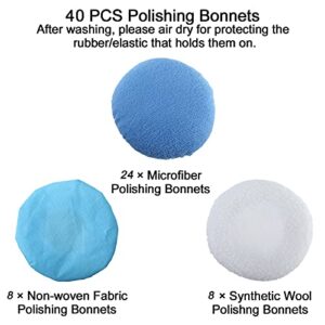 AuInLand 40 Packs Car Polisher Pad Bonnet 5 to 6 Inch Car Polishing Bonnet Buffing Pad (Include 8 Woollen + 24 Microfiber + 8 Non-Woven Waxing Bonnet)