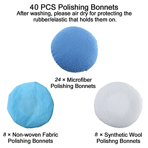 AuInLand 40 Packs Car Polisher Pad Bonnet 5 to 6 Inch Car Polishing Bonnet Buffing Pad (Include 8 Woollen + 24 Microfiber + 8 Non-Woven Waxing Bonnet)