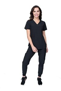 v-neck jogger scrubs for women set 6 pocket 4-way stretch for medical dentist spa elements select es2936 (black, x-small tall)