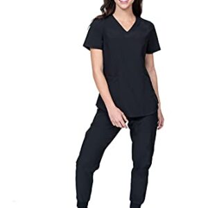 V-Neck Jogger Scrubs for Women Set 6 Pocket 4-Way Stretch for Medical Dentist Spa Elements Select ES2936 (Black, X-Small Tall)