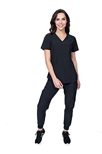 V-Neck Jogger Scrubs for Women Set 6 Pocket 4-Way Stretch for Medical Dentist Spa Elements Select ES2936 (Black, X-Small Tall)