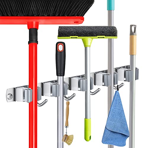 Surmopeak Mop and Broom-Holder Wall Mount, Broom-Organizer-Wall-Mount Self Adhesive, 16" Mounting Holes Mop-Broom-Hanger, Broom-Storage-Rack for Laundry Room, Garage Organization(5 Grippers 4 Hooks)